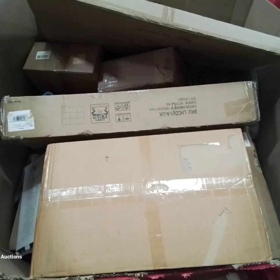 PALLET CONTAINING VARIOUS ASSORTED ITEMS TO INCLUDE: STORAGE UNITS, LED FILL LIGHT, OFFICE CHAIR, PC KEYBOARD AND LOTS MORE UNMARKED BOXED ITEMS 