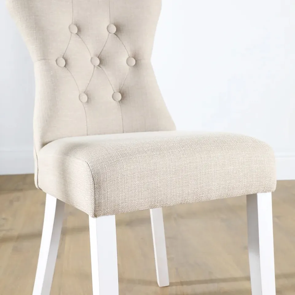 BOXED BEWLEY DINING CHAIR, OATMEAL CLASSIC LINEN-WEAVE FABRIC & WHITE SOLID HARDWOOD 