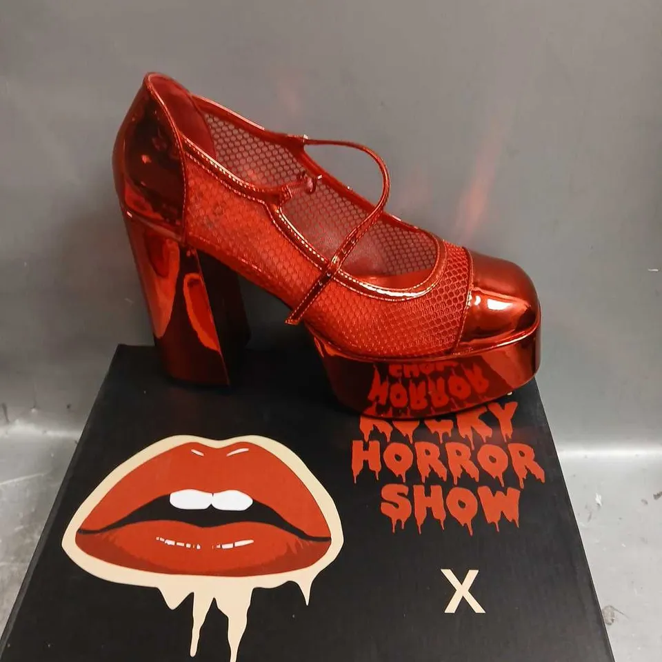 BOXED RICHARD O'BRIEN'S ROCKY HORROR SHOW X KOI REGULAR FRANKIE FAN FISHNET PLATORM HEELS RED SIZE 11