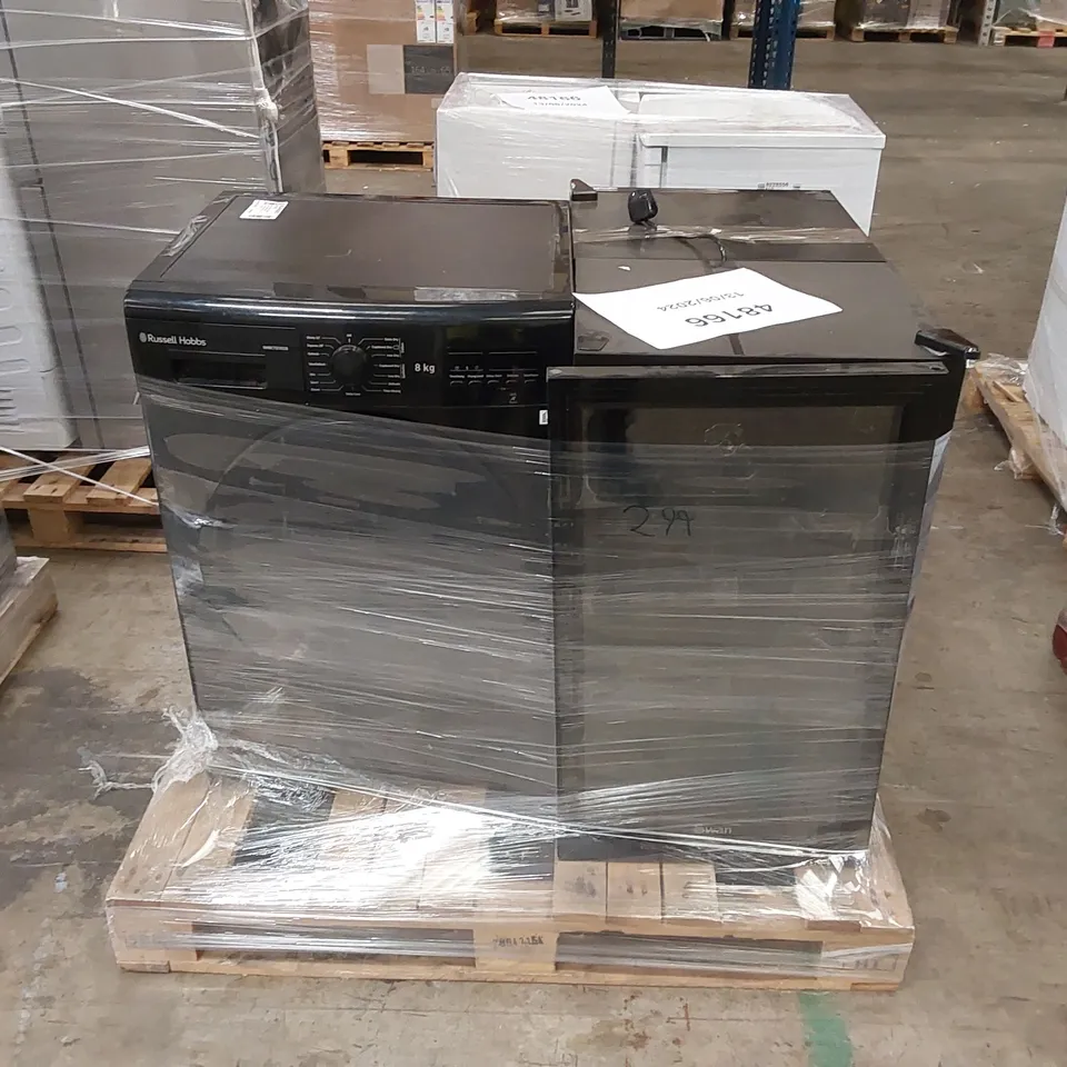 RUSSELL HOBBS FREESTANDING CONDENSER DRYER BLACK AND 2X SWAN SR12030BN BUILT-IN WINE AND DRINK FRIDGE - UNPROCESSED RAW RETURNS