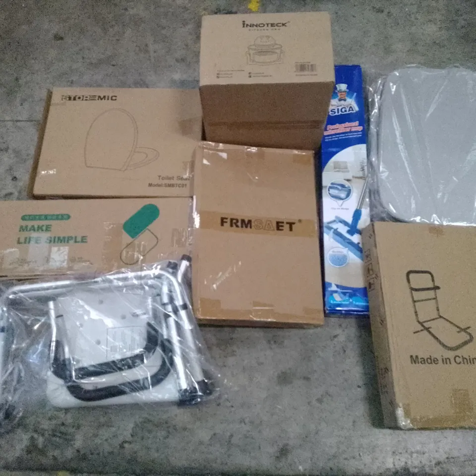 UNPROCESSED PALLET OF ASSORTED HOUSEHOLD GOODS TO INCLUDE INNOTECK KITCHEN PRO, TOILET SEAT, AND MR SIVA MICROFIBER MOP