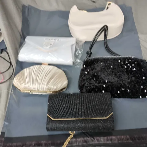 SET OF FIVE WOMEN'S EVENING BAGS/CLUTCHES – BLACK SEQUIN, CHAMPAGNE SATIN & MORE
