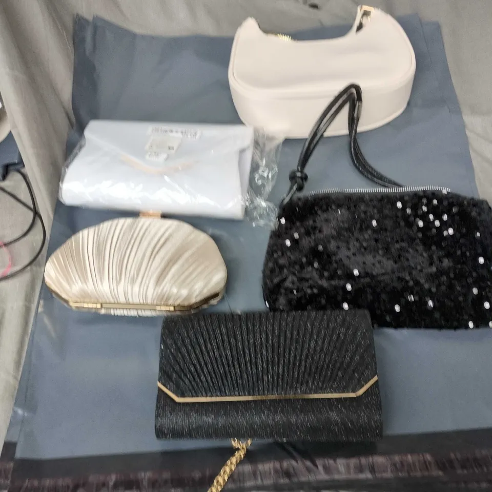 SET OF FIVE WOMEN'S EVENING BAGS/CLUTCHES – BLACK SEQUIN, CHAMPAGNE SATIN & MORE