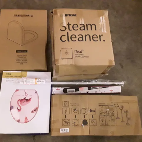 PALLET OF ASSORTED PRODUCTS INCLUDING STOREMIC TOILET SEAT, POSTER STAND, TENSIO ROD, MAGNETIC KNIFE HOLDER, STEAM CLEANER, WILKO FLAMINGO TOILET SEAT
