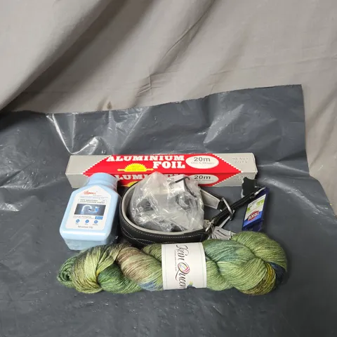 APPROXIMATELY 15 ASSORTED ITEMS TO INCLUDE FOIL, PIPE DREDGING AGENT, DOG HARNESS, YARN ETC