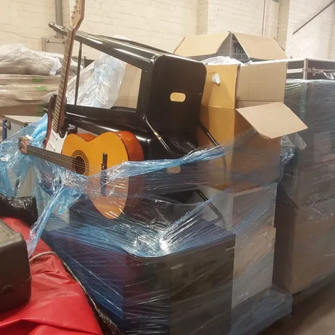 PALLET CONTAINING A VERY LARGE QUANTITY OF ASSORTED ITEMS INCLUDING: STARSOUND ELECTRIC GUITAR, ACOUSTIC GUITAR, FURNITURE, DINNERWARE ECT
