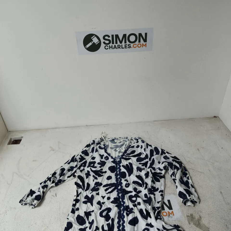 MONSOON WOMEN'S DRESS – WHITE WITH BLUE ABSTRACT PRINT, UK SIZE M