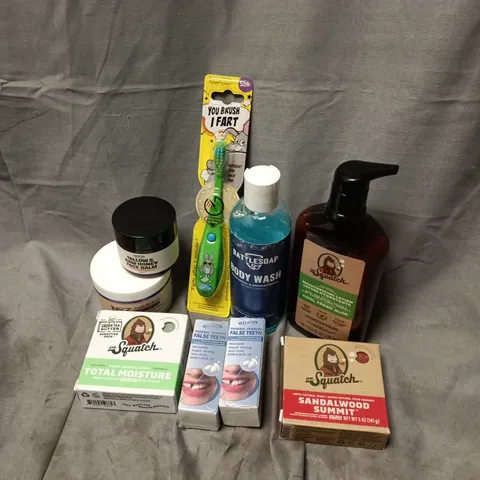 APPROXIMATELY 15 ASSORTED COSMETICS ITEMS TO INCLUDE N07 DAY CREAM DUO, DR SQUATCH MOISTURIZING LOTION, BATTLESOAP BODY WASH, ETC