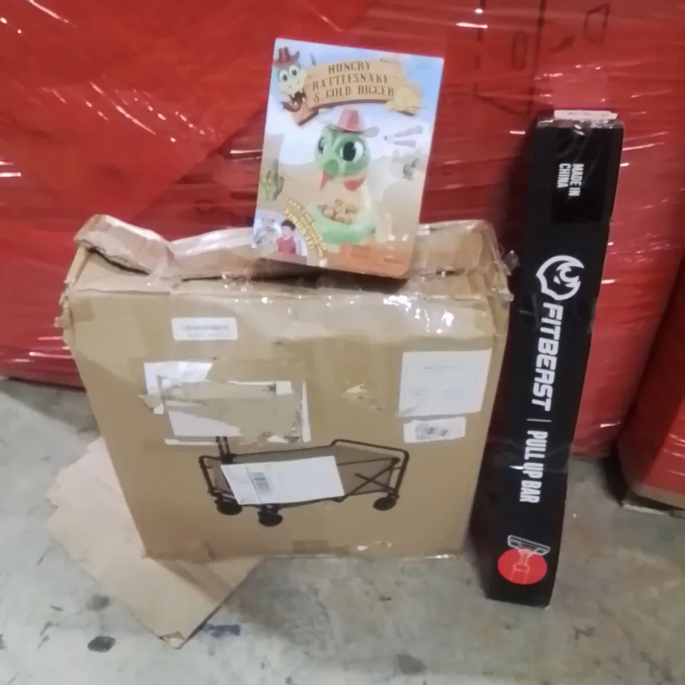 PALLET OF ASSORTED HOUSEHOLD GOODS AND PRODUCTS TO INCLUDE;PULL UP BAR,CAMPING TROLLEY,KIDS GAME