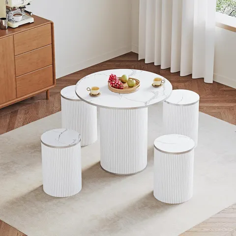 TOTEBOX ROUND DINING TABLE AND SET OF 4 CHAIRS (WHITE)