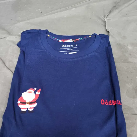 ODDBALLS CHRISTMAS PYJAMA SET – NAVY TOP WITH SANTA PRINT AND MATCHING SANTA PATTERN BOTTOMS, UK LARGE