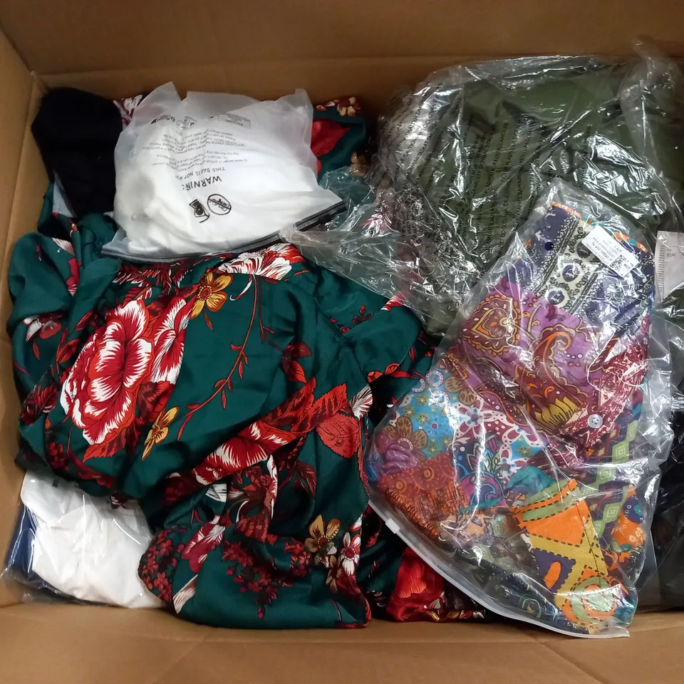 LARGE BOX OF ASSORTED CLOTHING ITEMS TOO INCLUDE TOPS , DRESSES AND PANTS ALL IN VARIOUS SIZES AND COLOURS 