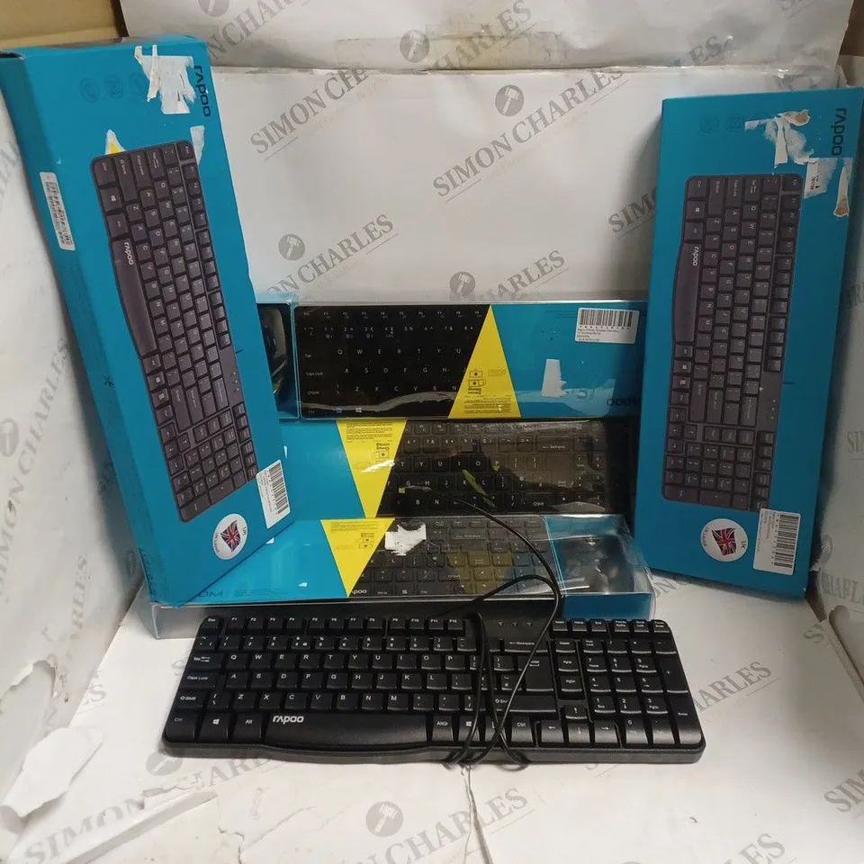 BOX OF 8 PERIPHERAL ITEMS TO INCLUDE RAPOO N2400 KEYBOARD, LOGHITECH K740 ILLUMINATE KEYBOARD, MICROSOFT SCULPT ERGONOMIC, ETC