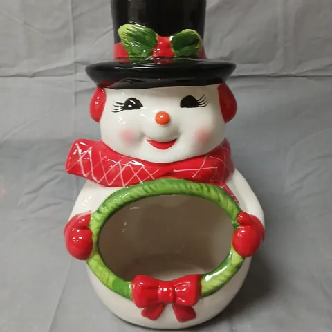 MR. CHRISTMAS SNOWMAN MUSICAL COOKIE JAR – CERAMIC WITH TOP HAT, RED SCARF