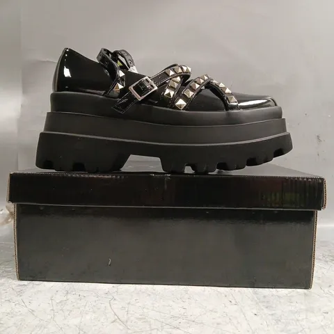 BOXED PAIR OF KOI SIMA STUDDED PLATFORM BALLET SHOES IN BLACK - UK 4