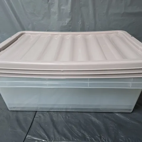 3 CLEAR STORAGE TUBS WITH PINK LIDS