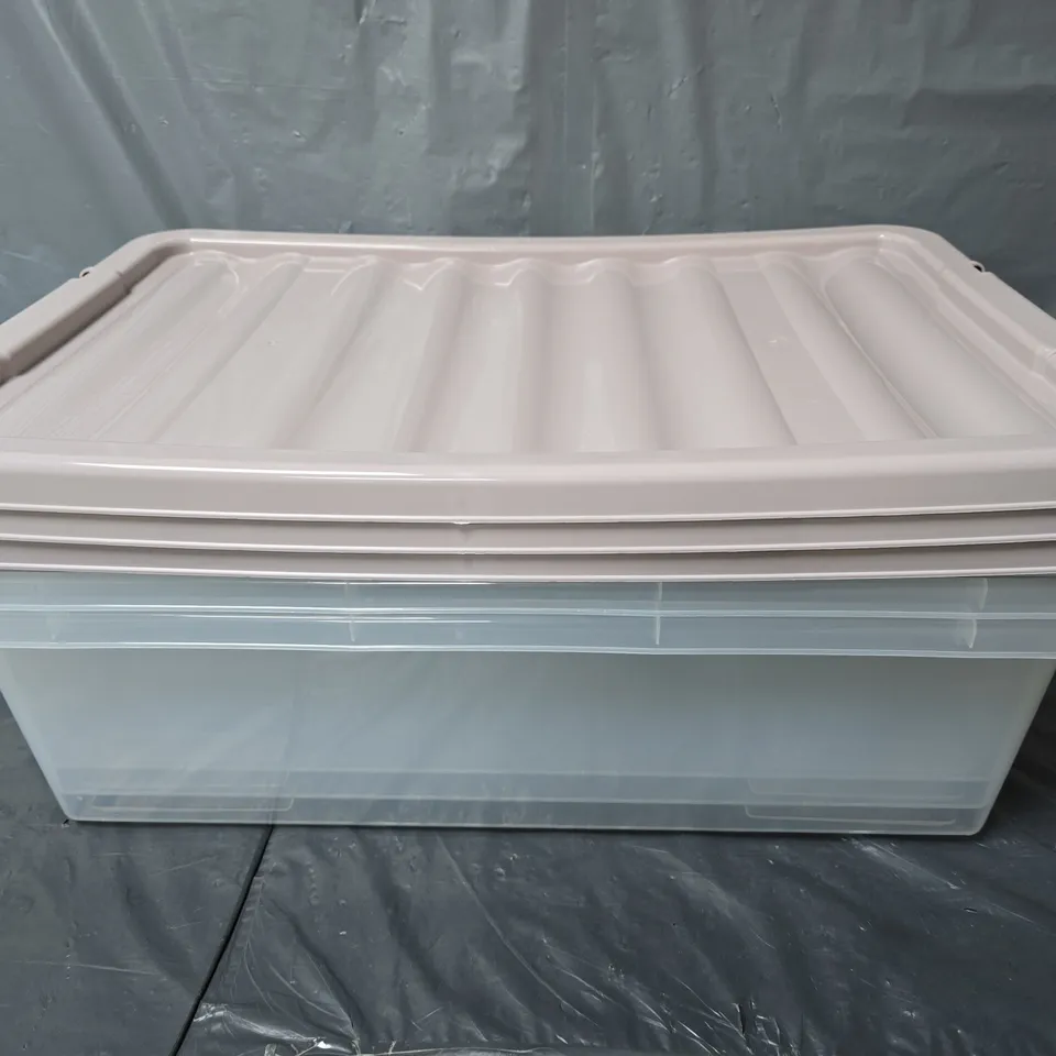 3 CLEAR STORAGE TUBS WITH PINK LIDS