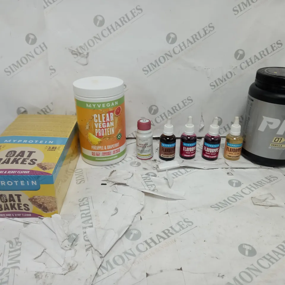 MYVEGAN CLEAR VEGAN PROTEIN, MY PROTEIN OAT BAKES, MYPROTEIN FLAVOUR DROPS, AND PREPD VANILLA HYDRATION ENHANCER 