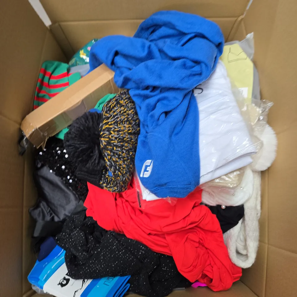 LARGE BOX OF ASSORTED CLOTHING ITEMS IN VARIOUS SIZES, STYLES AND COLOUR 