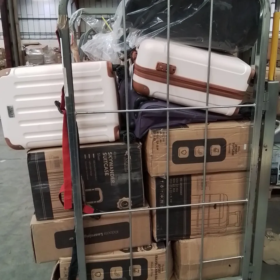 CAGE OF ASSORTED HOUSEHOLD GOODS AND PRODUCTS TO INCLUDE;SUITCASES,COLD PRESS JUICER,CHILDREN'S CAR SEAT,PLAYPEN 
