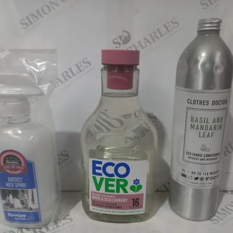 APPROXIMATELY 5 ASSORTED HOUSEHOLD ITEMS TO INCLUDE ECO FABRIC CONDITIONER, LAUNDRY DETERGENT, BIOSECT MITE SPRAY, ETC - COLLECTION ONLY