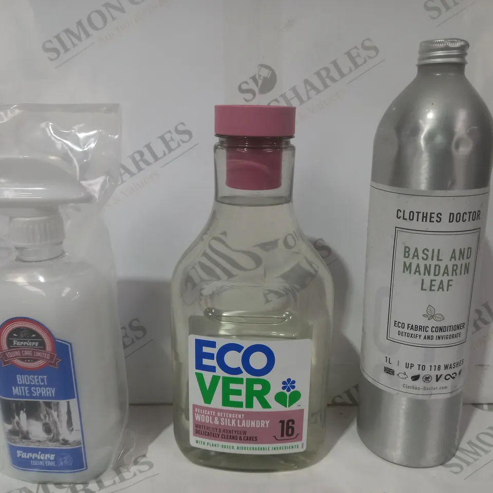 APPROXIMATELY 5 ASSORTED HOUSEHOLD ITEMS TO INCLUDE ECO FABRIC CONDITIONER, LAUNDRY DETERGENT, BIOSECT MITE SPRAY, ETC - COLLECTION ONLY