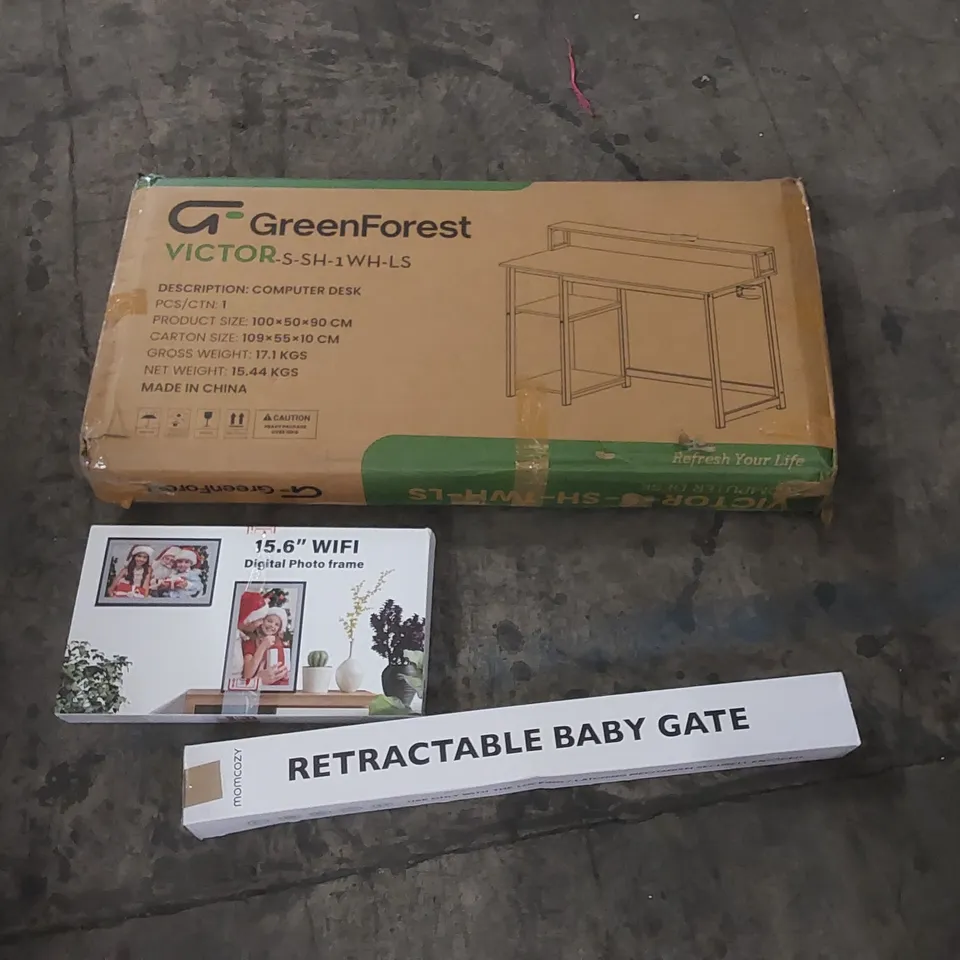 PALLET OF ASSORTED HOUSEHOLD ITEMS AND CONSUMER PRODUCTS TO INCLUDE; RETRACTABLE BABY GATE, COMPUTER DESK, DIGITAL PHOTO FRAME ETC