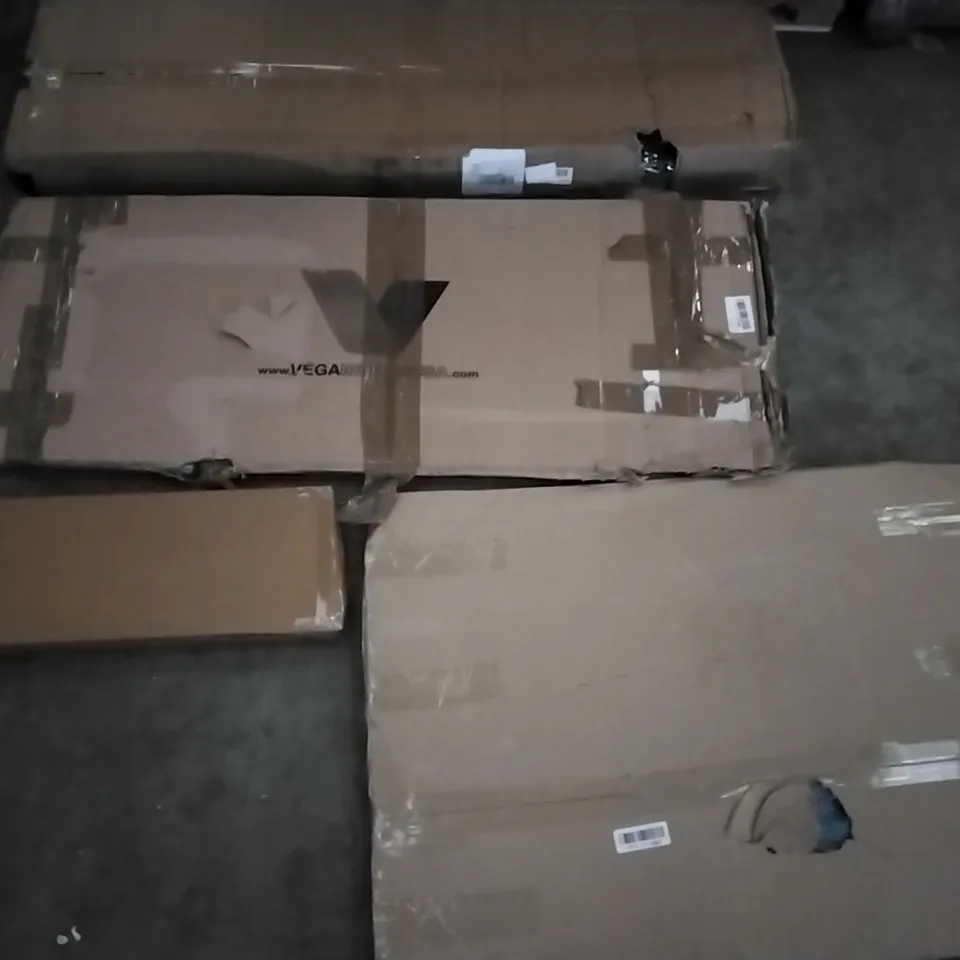 PALLET OF ASSORTED ITEMS INCLUDING STOREMIC TOILET SEAT, VEGA INDOORUSA, ENERGIZER 4 FOOT FROSTED LIGHT, EXQUI DRESSER CABINET, HOTOP METAL GARDEN DECORATION, BOHANER HEAVY METAL CLOTHES RACK