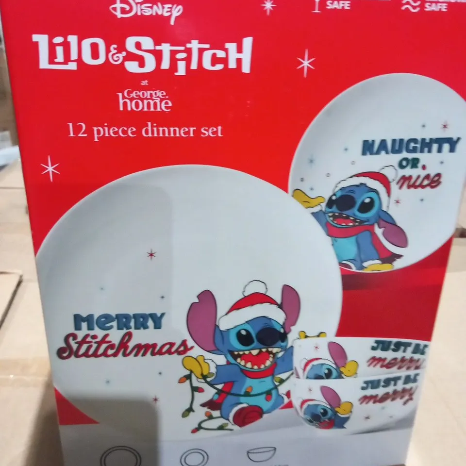 TWO BRAND NEW BOXED DISNEY LILO AND STITCH 12 PIECE CHRISTMAS DINNER SETS TO INCLUDE; 4 DINNER PLATES, 4 SIDE PLATES AND 4 CEREAL BOWLS