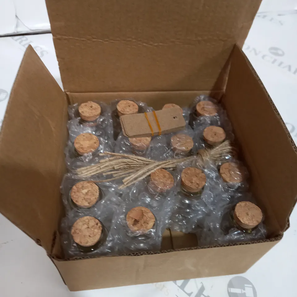 16 X SMALL GLASS BOTTLES WITH STRING AND SIGNS FOR PERSONALISATION