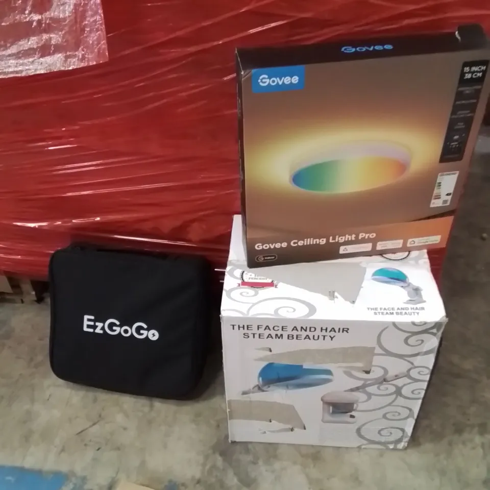 PALLET OF ASSORTED HOUSEHOLD GOODS AND PRODUCTS TO INCLUDE;FACIAL STEAMER,GOVEE LIGHT,EZGO ELECTRIC CAR CHARGER 