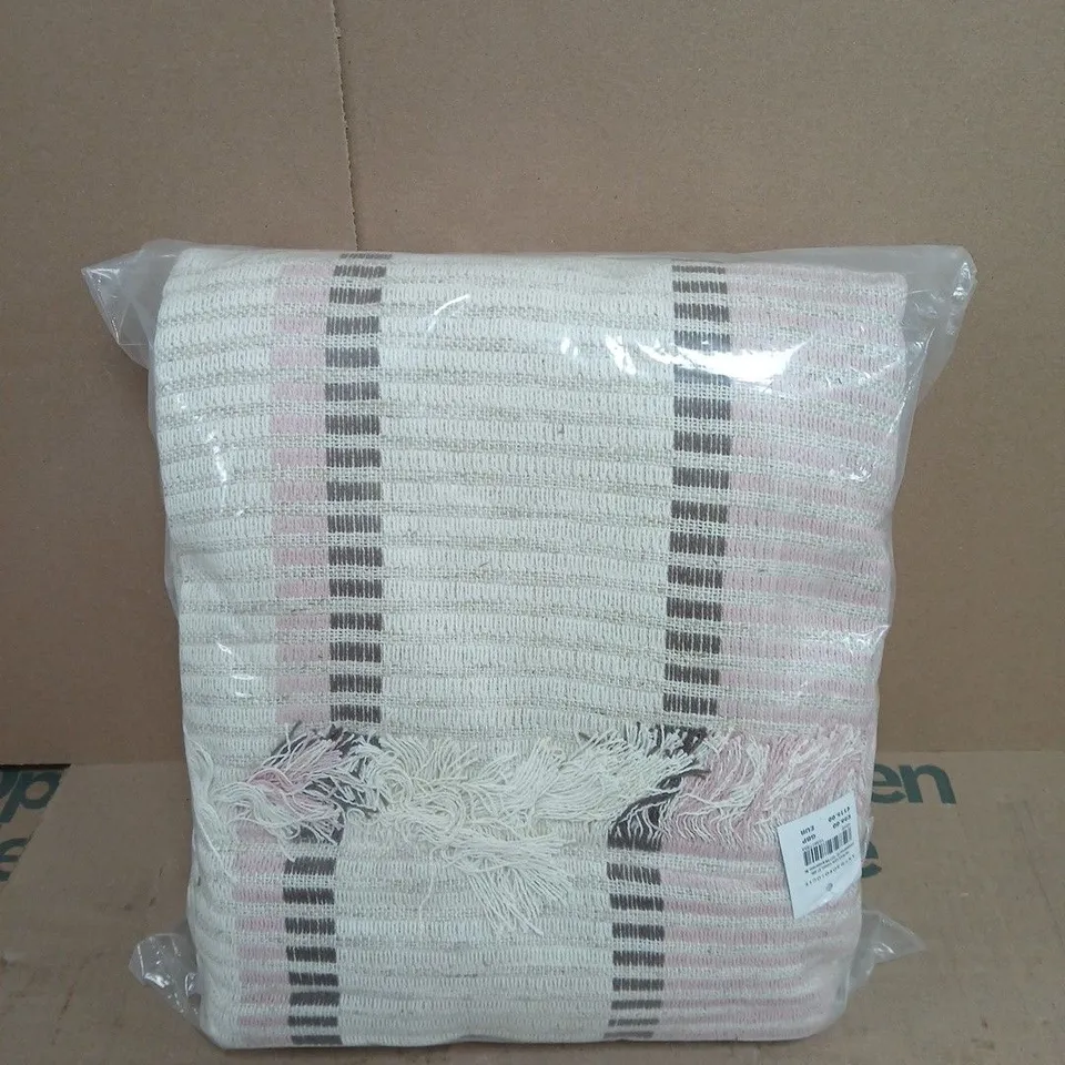 ANTHROPOLOGIE KNIT THROW BLANKET – PINK & CREAM, FRINGED