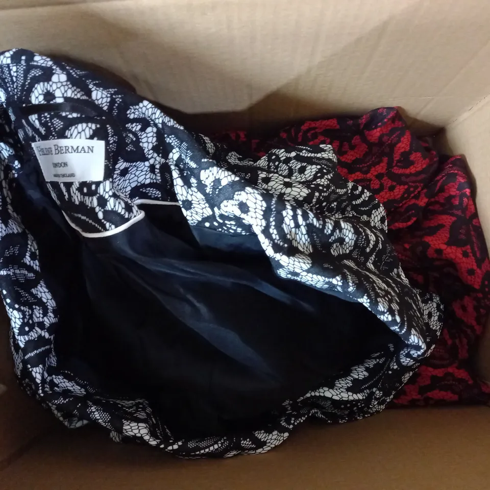 BOX OF 4 HELENE BERMAN LACE BLAZERS IN RED/BLACK & BLACK/WHITE, ONE EACH SIZE 10 & 12