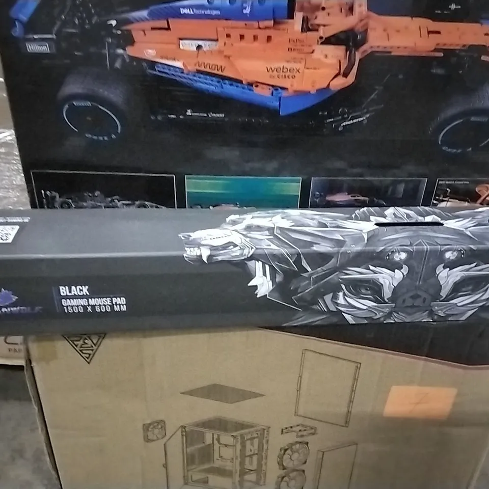 PALLET CONTAINING VARIOUS ASSORTED ITEMS TO INCLUDE: LOGO MCLAREN F1 CAR, FOOT MASSAGERS GAMING PC CASE, GAMING MOUSE MAT ETC.