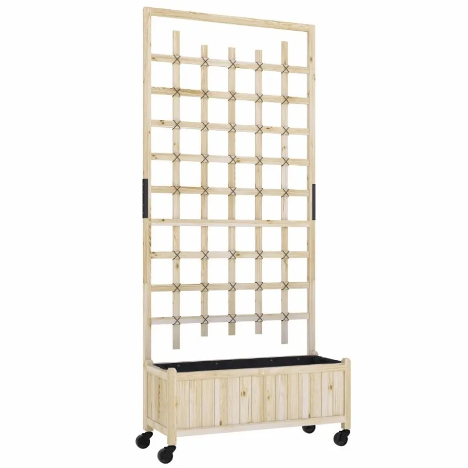 BOXED OUTSUNNY WOODEN TRELLIS PLANTER, RAISED GARDEN BED WITH WHEELS - NATURAL (1 BOX)