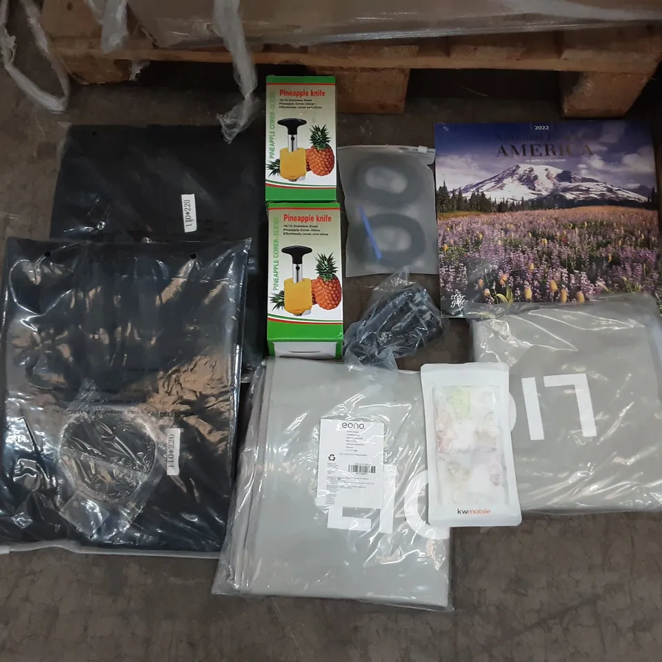 PALLET OF ASSORTED PRODUCTS TO INCLUDE PINEAPPLE CORER-SLICER, EONO LAUNDRY BASKET, NATIONAL PARKS OF AMERICA CALANDER, 12 PVC PENCIL CASES, BLACK WINDOW FILM, SAMSUNG S20 PHONE CASE