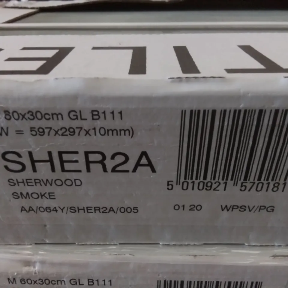 PALLET TO CONTAIN APPROXIMATELY 40 X PACKS OF JOHNSON SHERWOOD SMOKE GLAZED WALL & FLOOR TILES - 5 TILES PER PACK // TILE SIZE: 597 X 297 X 10MM