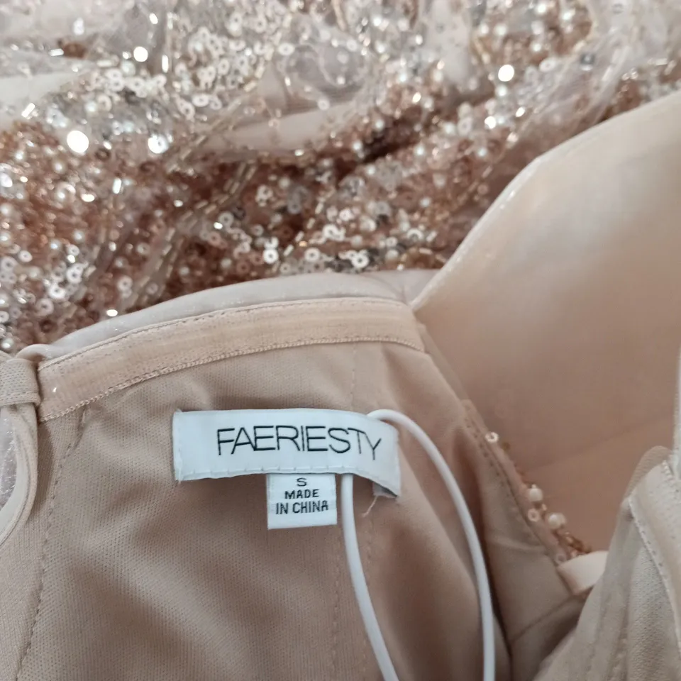FAERIESTY SEQUIN EVENING DRESS – CHAMPAGNE OFF-SHOULDER GOWN, SIZE S