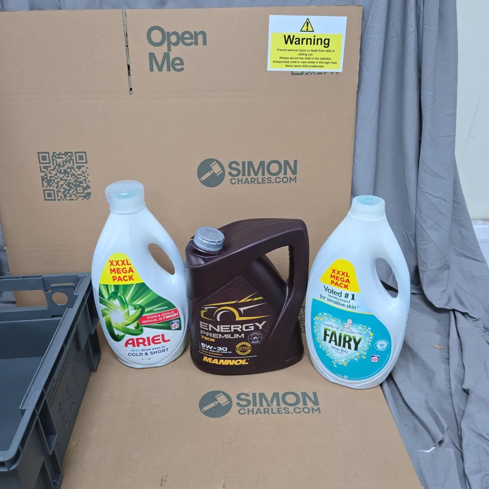 TOTE TO INCLUDE: ARIEL STAIN REMOVER, MANNOL 5W-30 AND FAIRY NON BIO