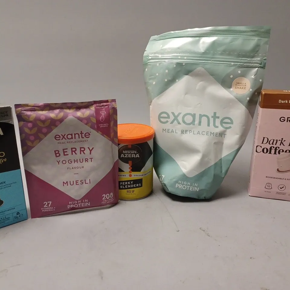 BOX OF APPROX 12 ASSORTED FOOD ITEMS TO INCLUDE - LAVAZZA ESPRESSO MASESTRO DEK - GRIND DARK DECAF COFFEE PODS - NESCAFE AZERA PERKY BLENDS ETC