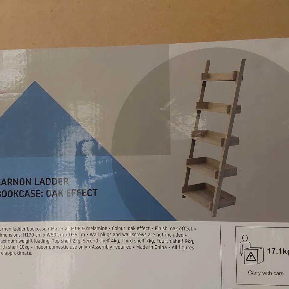 BOXED CARNON LADDER BOOKCASE - OAK EFFECT (1 BOX)
