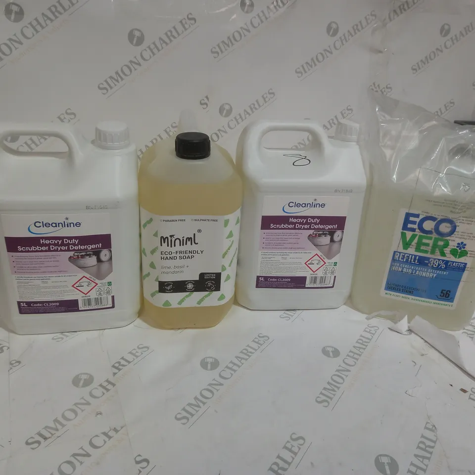 4 ASSORTED LIQUIDS TO INCLUDE A MINIML ECO FRIENDLY HAND SOAP AND A HEAVY DUTY SCRUBBER DRYER DETERGENT - COLLECTION ONLY