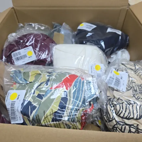 LARGE BOX OF APPROX 15 ASSORTED CLOTHING ITEMS IN VARIOUS STYLES , COLORS AND SIZES