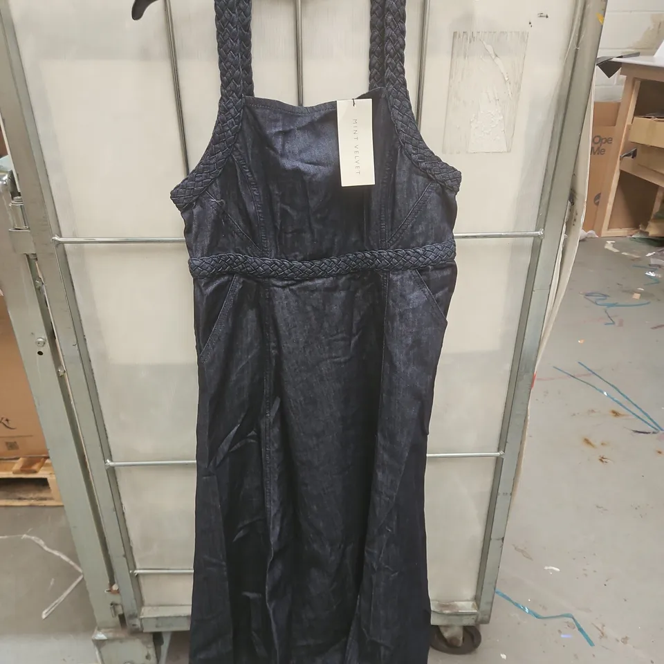 MINT VELVET PLAIT HALTER DENIM MIDI DRESS IN DENIM BLUE - UK 12