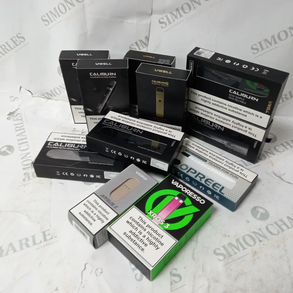 APPROXIMATELY 10 ASSORTED E-CIG PRODUCTS TO INCLUDE VAPORESSO, VOOPOO, UWELL CALIBURN ETC. 