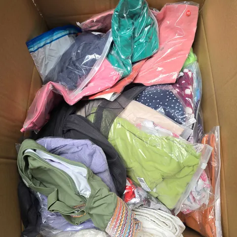 LARGE BOX OF APPROXIMATELY 20 ASSORTED CLOTHING ITEMS IN VARIOUS SIZES, STYLES AND COLOUR