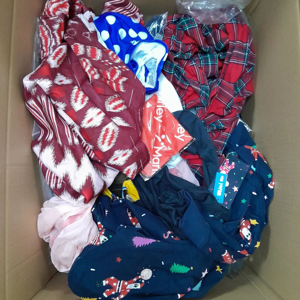 LARGE BOX OF ASSORTED CLOTHING ITEMS IN VARIOUS COLOURS AND SIZES INCLUDING TROUSERS , TOPS AND JUMPERS 