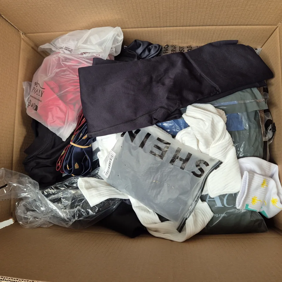 LARGE BOX OF ASSORTED CLOTHING ITEMS IN VARIOUS SIZES, STYLES AND COLOUR 