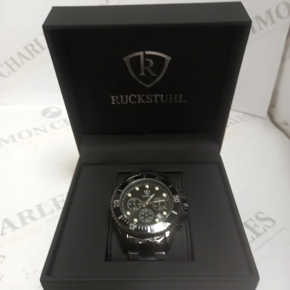 MENS RUCKSTUHL CHRONOGRAPH 8829 WATCH – BLACK DIAL - BLACK STAINLESS STEEL STRAP – 3ATM WATER RESISTANT – DATE FUNCTION