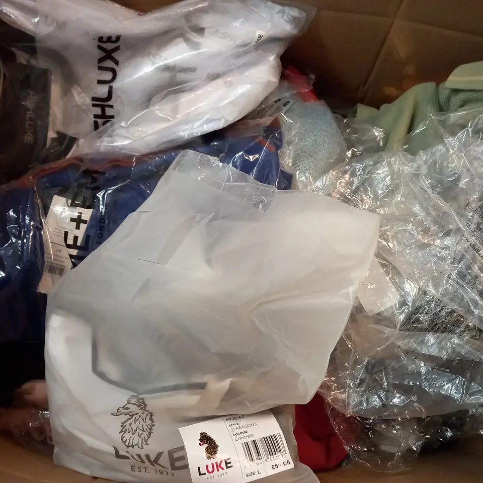 BOX OF ASSORTED CLOTHING ITEMS TOO INCLUDE JUMPERS, SHIRTS AND TROUSERS IN VARIOUS SIZES AND COLOURS   